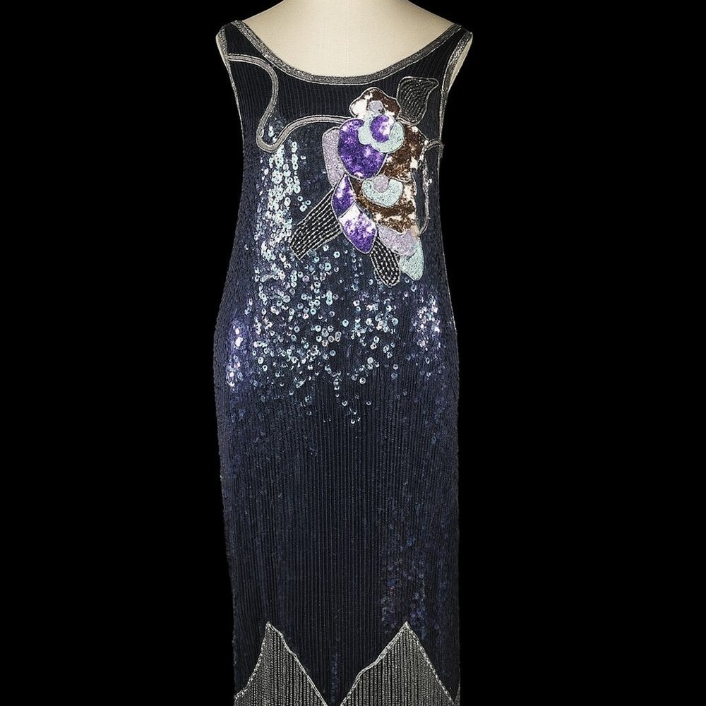 Vintage Gatsby Fringed Roaring 20s Sequin Dress | BLACK | Lillie Rubin | L | EVC